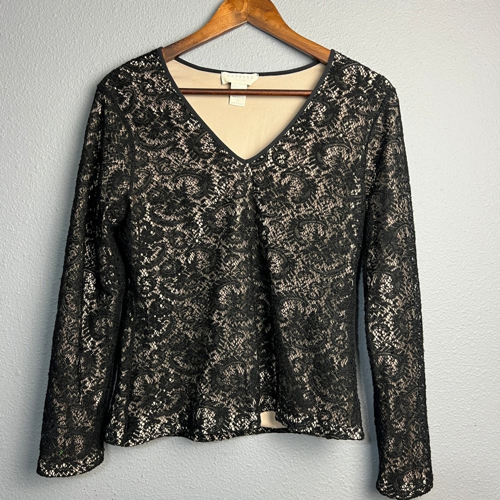 Express Tricot Black Whimsigoth Lace Long Sleeve Blouse L Sheer Layering Elegant